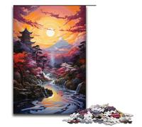 Rompecabezas psicodélico de 1000 piezas con puesta de sol sobre pagoda para adultos. Rompecabezas imposible para aliviar el estrés y para adolescentes mayores de 14 años. 1000 piezas (75 x 50 cm).