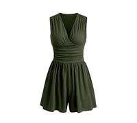 Romper corto da donna senza maniche, con scollo a V profondo e arricciature - Tuta corta estiva casual in maglia, a gamba larga, ideale per la spiaggia e le vacanze (Army Green,l)