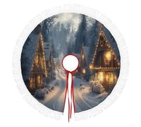 Ronde Noël Tree Skirt,Conception Maison En Bois Enneigée Couverture Décorative D'Arbre,Couverture De Sapin De Vacances,Jupe D'Arbre De Noel Bleu Pour La Maison