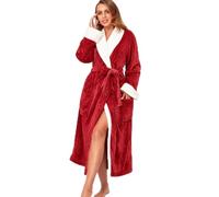 RONGTAI Plush Fleece Bathrobe for Women, Long Robe with Two Side Pockets and Belt, Warm and Cozy Fluffy Sleepwear Nightgown (Wine Red, XXL)
