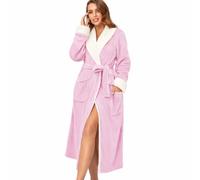 RONGTAI Plush Fleece Bathrobe for Women, Long Robe with Two Side Pockets and Belt, Warm and Cozy Fluffy Sleepwear Nightgown (Pink, L)