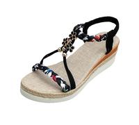 Roobeety Sandali da donna con zeppa con decorazione floreale e morbido elastico sul tallone, per passeggiate in spiaggia e feste estive in giardino, Stile V02 nero, 38.5 EU