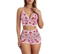 Roobeety Set di lingerie da donna con ricamo a labbra, set di biancheria intima in rete trasparente | Bralette e Shorty con motivo divertente bacio, Stil#i01 Rosa, M