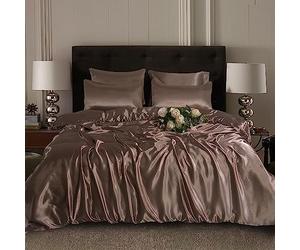ROOEE Parure da letto in satin di seta, 4 pezzi, lenzuolo con copripiumino, 2 federe. Colore - Visone - Taglia singola