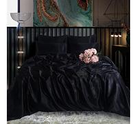 ROOEE Set completo di biancheria da letto in raso di seta, 4 pezzi, lenzuolo con angoli, copripiumino, 2 federe. Colore - Nero Dimensioni - Singolo