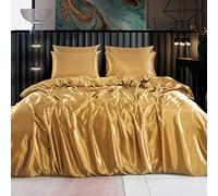 ROOEE Set completo di biancheria da letto in raso di seta, 6 pezzi, lenzuolo con angoli, copripiumino, 4 federe. Colore: oro opaco. Dimensioni: singolo