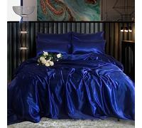 ROOEE Set completo di biancheria da letto in raso di seta, 6 pezzi, lenzuolo con angoli, copripiumino, 4 federe. Colore: blu navy, misura king size