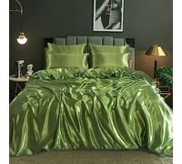 ROOEE Set completo di biancheria da letto in raso di seta, 6 pezzi, lenzuolo con angoli, copripiumino, 4 federe. Colore: verde oliva. Dimensioni: matrimoniale