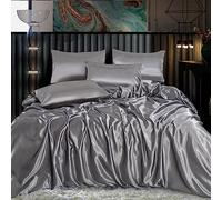 ROOEE Set completo di biancheria da letto in raso di seta, 6 pezzi, lenzuolo con angoli, copripiumino e 4 federe. Colore: argento, misura king size