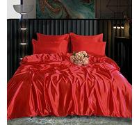 ROOEE Set completo di biancheria da letto in raso di seta, 6 pezzi, lenzuolo con angoli, copripiumino e 4 federe. Colore - Rosso Dimensione - King