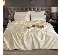 ROOEE Set di biancheria da letto completo in raso di seta - 4 pezzi - Lenzuolo con angoli, copripiumino e 2 federe - Colore: crema - Taglia - Singolo