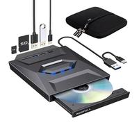 ROOFULL Unità CD DVD esterna con hub USB 3.0/tipo C, lettore SD e custodia | Masterizzatore portatile 7 in 1 per CD/DVD ROM +/-RW, per PC desktop e portatili, Windows 11/10/7, Mac, Linux