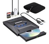 ROOFULL Unità CD DVD esterna con porte USB 3.0 di tipo C + slot per schede SD + custodia da trasporto per PC portatile, lettore CD DVD +/-RW, masterizzatore, masterizzatore, lettore ROM per Windows