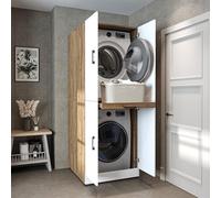 ROOMART Armadietto Lavatrice Dora per Asciugatrice e Lavatrice in 4 Colori con Porte & Tavola Estensibile (Rovere Bianco)
