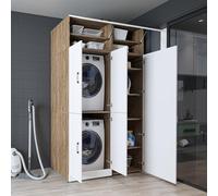 ROOMART Armadio Lavatrice Dora-II - 130 cm di larghezza per lavatrice e asciugatrice (rovere bianco, con armadietto da appoggio: (HBT): 230 x 130 x 73,8 cm)