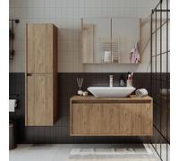 ROOMART Atlantic - Set di mobili da bagno, 4 pezzi, con mobile basso 100 cm, lavabo in ceramica, armadio a specchio e armadio alto (rovere, kit completo)
