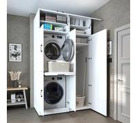 ROOMART Dora - Armadietto per lavatrice e asciugatrice a 130 cm di larghezza, in 4 colori, con ante e tavola allungabile (altezza 230 cm, con armadietto rialzato, bianco)