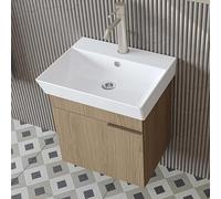 ROOMART LYCIA - Set di mobili da bagno, 50 cm, con lavabo in ceramica, armadietto a specchio, mobile laterale, mobili da bagno in 4 colori (rovere, base con lavandino)