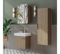 ROOMART LYCIA - Set di mobili da bagno, 50 cm, con lavabo in ceramica, armadietto a specchio, mobile laterale, mobili da bagno in 4 colori (rovere, set completo