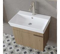 ROOMART LYCIA - Set di mobili da bagno, 60 cm, con lavabo in ceramica, armadietto a specchio, mobile laterale, mobili da bagno in 4 colori (rovere chiaro), base con lavandino