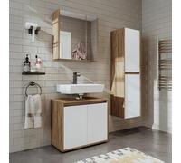 ROOMART MELONA Set di mobili da bagno, 3 pezzi, in 4 colori, 65 cm, armadietto a specchio, armadio alto (rovere bianco, set completo)