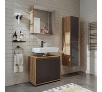 ROOMART MELONA Set di mobili da bagno, 3 pezzi, in 4 colori, 65 cm, armadietto a specchio, armadio alto (rovere antracite, set completo)