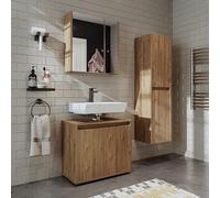 ROOMART MELONA Set di mobili da bagno, 3 pezzi, in 4 colori, 65 cm, armadietto a specchio, armadio alto (rovere, set completo)