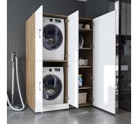 ROOMART Mobile lavatrice Dora-II - Torre per bucato larga 130 cm per lavatrice e asciugatrice (Bianco-Quercia, Senza pensile superiore: (HBT): 187 x 130 x 73,8 cm)