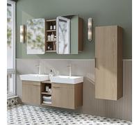 ROOMART Set di mobili da bagno LYCIA 120 cm - Set di 4 mobili da bagno con lavabo in ceramica, armadietto a specchio e armadietto laterale - Mobili da bagno in 4 colori (rovere chiaro), set completo