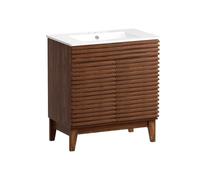 ROOMTEC Lavabo da bagno da 30 pollici con lavandino, Lavello da bagno indipendente di metà secolo con contenitore, Lavello in ceramica sottopiano, Telaio in truciolare con laminato a venature del
