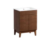 ROOMTEC Lavandino da bagno autoportante moderno in noce da 61 cm con contenitore, 2 livelli, 2 scomparti, lavello in ceramica sottopiano