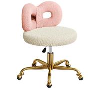 ROOMTEC Sedia da toeletta girevole con ruote, sedia da trucco regolabile in altezza, con schienale imbottito e grazioso fiocco (gambe dorate, rosa e bianco)