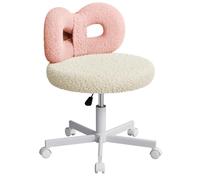 ROOMTEC Sedia da trucco con ruote, regolabile in altezza, girevole, sedia da trucco per camera da letto, con schienale imbottito e grazioso fiocco (gambe bianche, rosa e bianco)