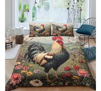 Rooster in gardenSet Di Copripiumino microfibra 3 Pezzi stampa 3D con cerniera Vintage farm scene copripiumino con federa traspirante ultra morbido e traspirante for bambini Single（140x200cm）