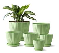 RooTrimmer 7.5/6.5/5.5/4.9/4.2/3.5 Inch Plant Pots with Saucers & Drain Holes - Indoor/Outdoor Flower Pots for Succulents, Herbs, Cactus - Modern Lightweight Durable Planter Set, Green