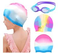 Ropniik Occhialini Nuoto e Cuffia Set Per Bambini 3 Pezzi, Occhiali Da Nuoto Per Bambini, Occhialini Piscina Anti Appannamento, Cuffia Da Nuotos In Silicone Colorato Per 3-15 Anni(A)