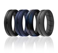 ROQ - Anello in silicone traspirante in gomma siliconica per uomo con design confortevole, 8 mm, con incisione duo, 4 pezzi, in silicone, colore: nero, nero, blu, colore mimetico, taglia 15