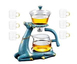 RORA Set da tè in vetro Kungfu resistente al calore con riscaldatore magnetico per divaricazione dell'acqua rotante, teiera in vetro pigro semiautomatica per cervi (teiera con 6 tazze)
