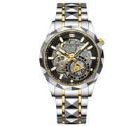 RORIOS Orologio Acciaio Inossidabile da Uomo Orologio da Polso Moda Scheletro Orologi Analogico Quarzo Orologio Lavoro Luminosi Nero Argento