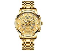 RORIOS Orologio Affari da Uomo Scheletrato Moda Analogico Quarzo Calendario Luminosi Acciaio Inossidabile Oro A