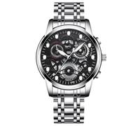 RORIOS Orologio Affari da Uomo Scheletrato Moda Analogico Quarzo Calendario Luminosi Acciaio Inossidabile Nero Argento