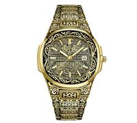 RORIOS Orologio Calligrafia Islamica per Uomini Cinturino in Acciaio Inossidabile Display Data & Quadrante Inciso Decorato Orologioes Fashion Religioso Oro