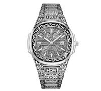 RORIOS Orologio Calligrafia Islamica per Uomini Cinturino in Acciaio Inossidabile Display Data & Quadrante Inciso Decorato Orologioes Fashion Religioso Argento