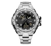 RORIOS Orologio da Polso Elettronico Doppio Display da Uomo Orologio 5ATM Impermeabile Orologio Digitale Quarzo Orologio Multifunzione Militare Acciaio Inossidabile Nero argento C