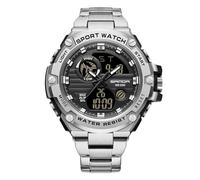 RORIOS Orologio da Polso Elettronico Doppio Display da Uomo Orologio 5ATM Impermeabile Orologio Digitale Quarzo Orologio Multifunzione Militare Acciaio Inossidabile Nero argento C