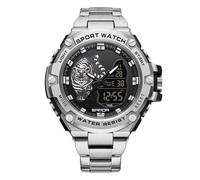 RORIOS Orologio da Polso Elettronico Doppio Display da Uomo Orologio 5ATM Impermeabile Orologio Digitale Quarzo Orologio Multifunzione Militare Acciaio Inossidabile Nero argento A