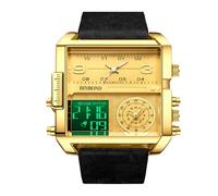 RORIOS Orologio Multifunzione Digitale da Uomo Orologio da Polso Moda Quadrati Quarzo Orologi Display Analogico Elettronico con Quadrante Grande Nero Oro A