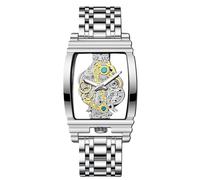 RORIOS Orologio Scheletro Rettangolare da Uomo Orologio da Polso Lavoro Quarzo Analogico Orologi Acciaio Inossidabile Luminoso Argento