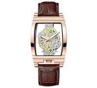 RORIOS Orologio Scheletro Rettangolare da Uomo Orologio da Polso Lavoro Quarzo Analogico Orologi Acciaio Inossidabile Luminoso con Cinturino in Pelle Oro Rosa B