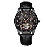 RORIOS Orologio Tourbillon Automatio da Uomo Diamante Scheletrato Orologio da Polso Impermeabile Meccanico Orologio luminoso Fase Lunare Orologio Cinturino in Pelle Nero oro rosa B